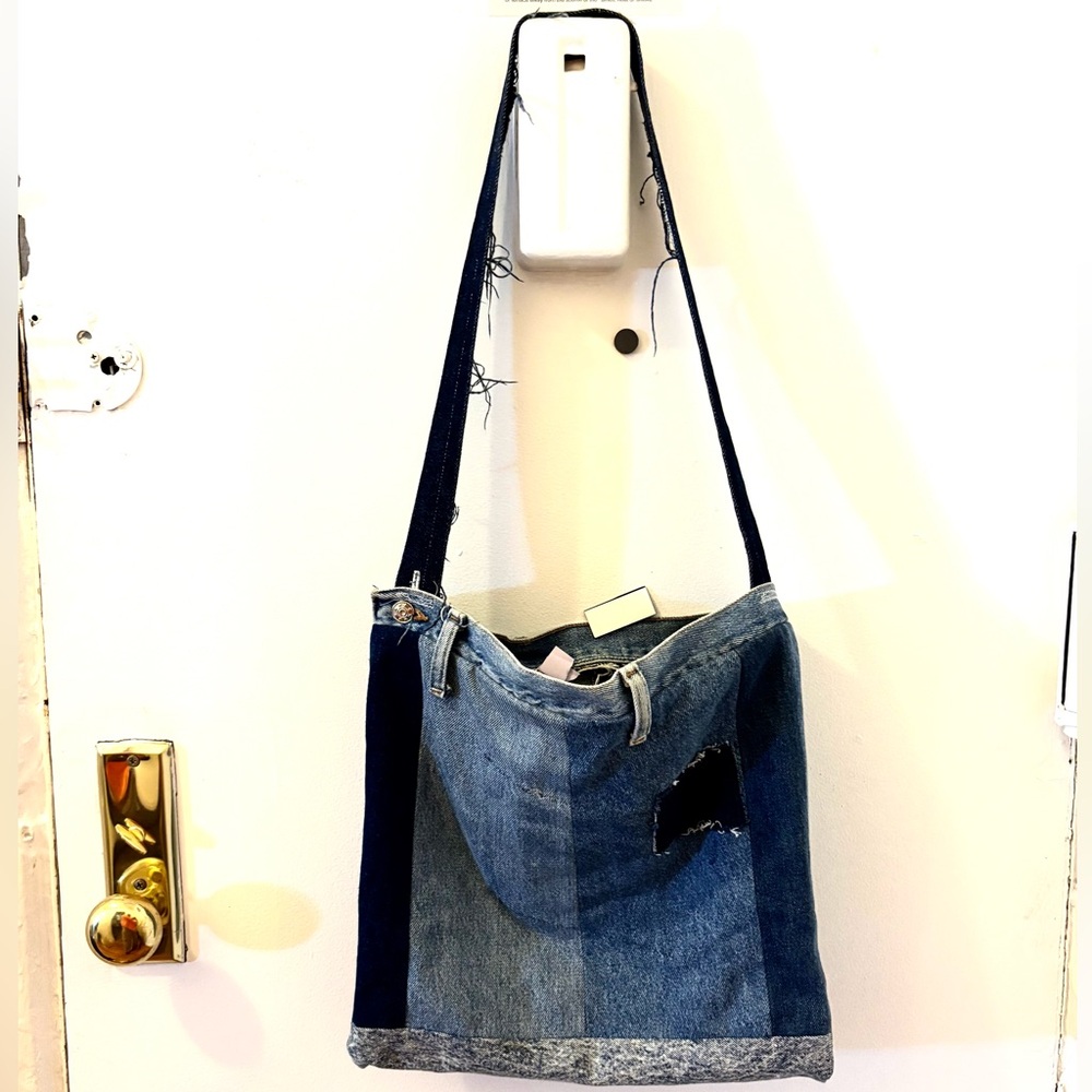 Patchwork Denim Jean Tote Bag Shoulder Bag Upcycled Blue Jeans